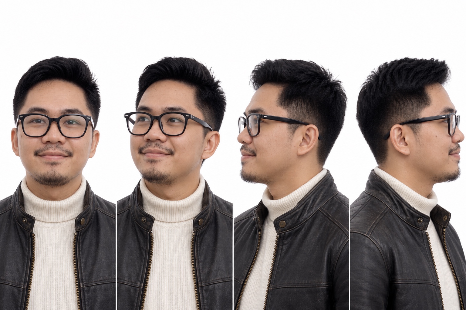Head-and-shoulders portraits of the model from the front, three-quarter and both profiles