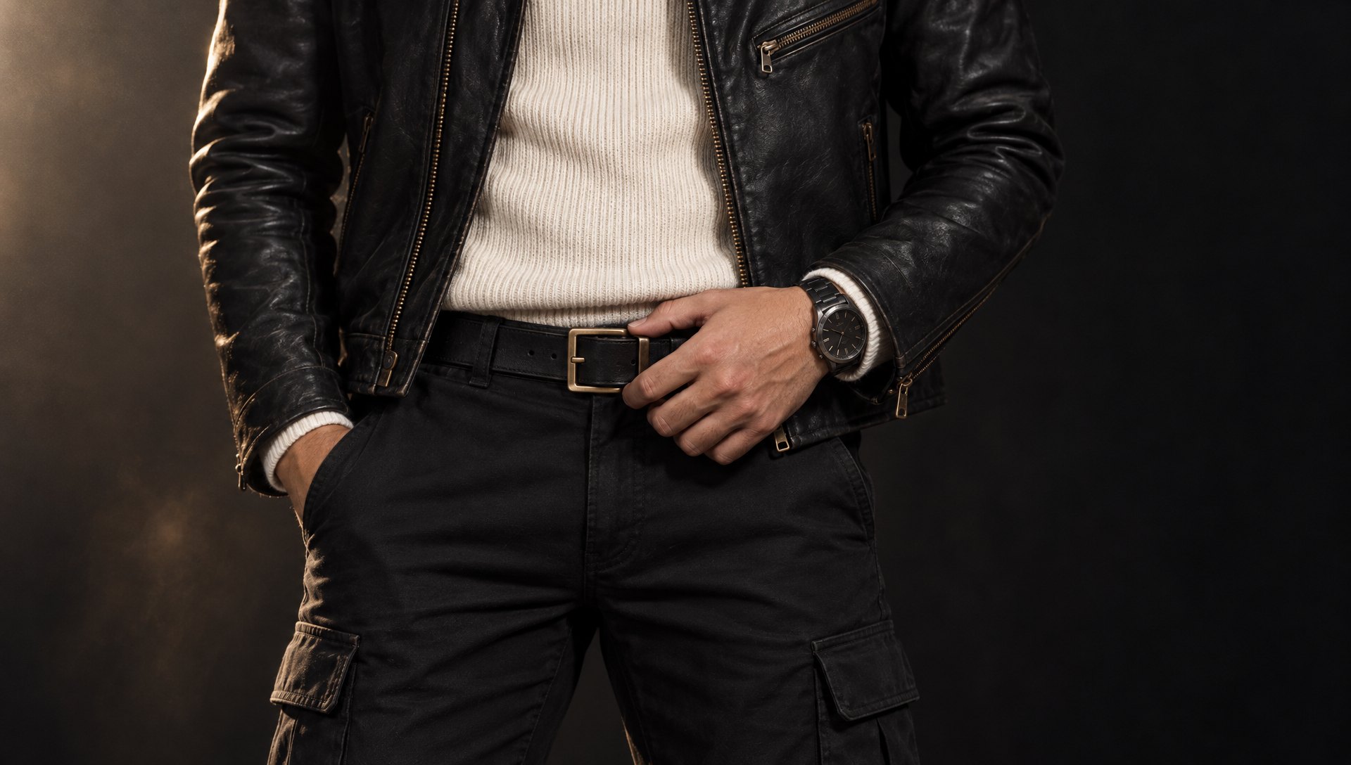 Hand adjusting a black leather belt with a matte brass buckle, dark steel watch on the wrist