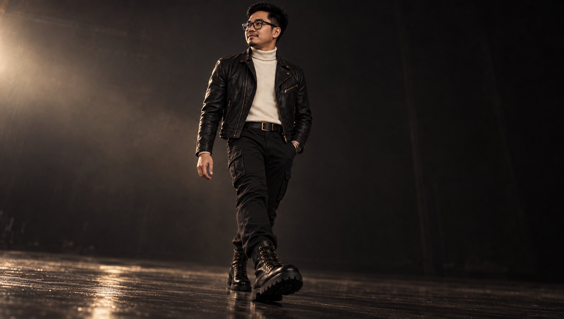 Black lug-sole combat boots with heavy laces and brass eyelets on a dark floor