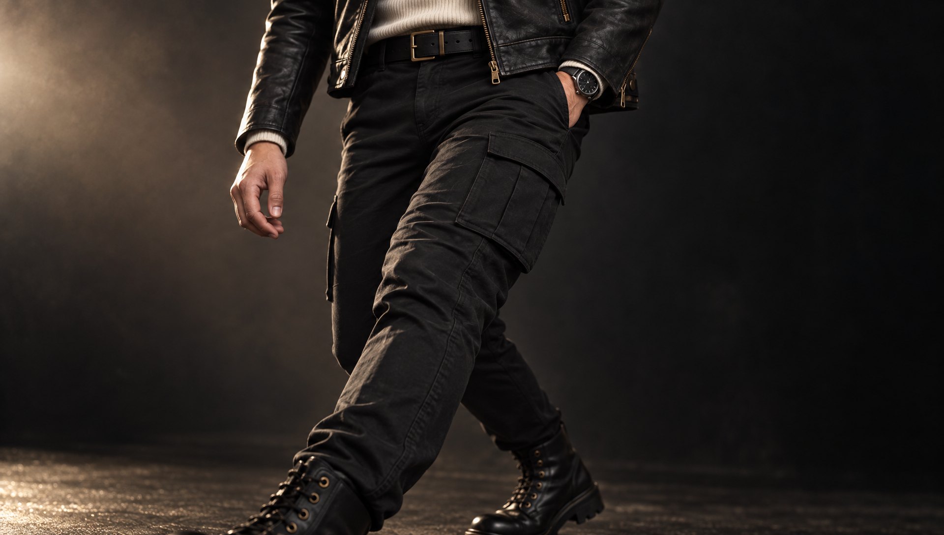 Low three-quarter view of black utility trousers with a flap cargo pocket and articulated knee