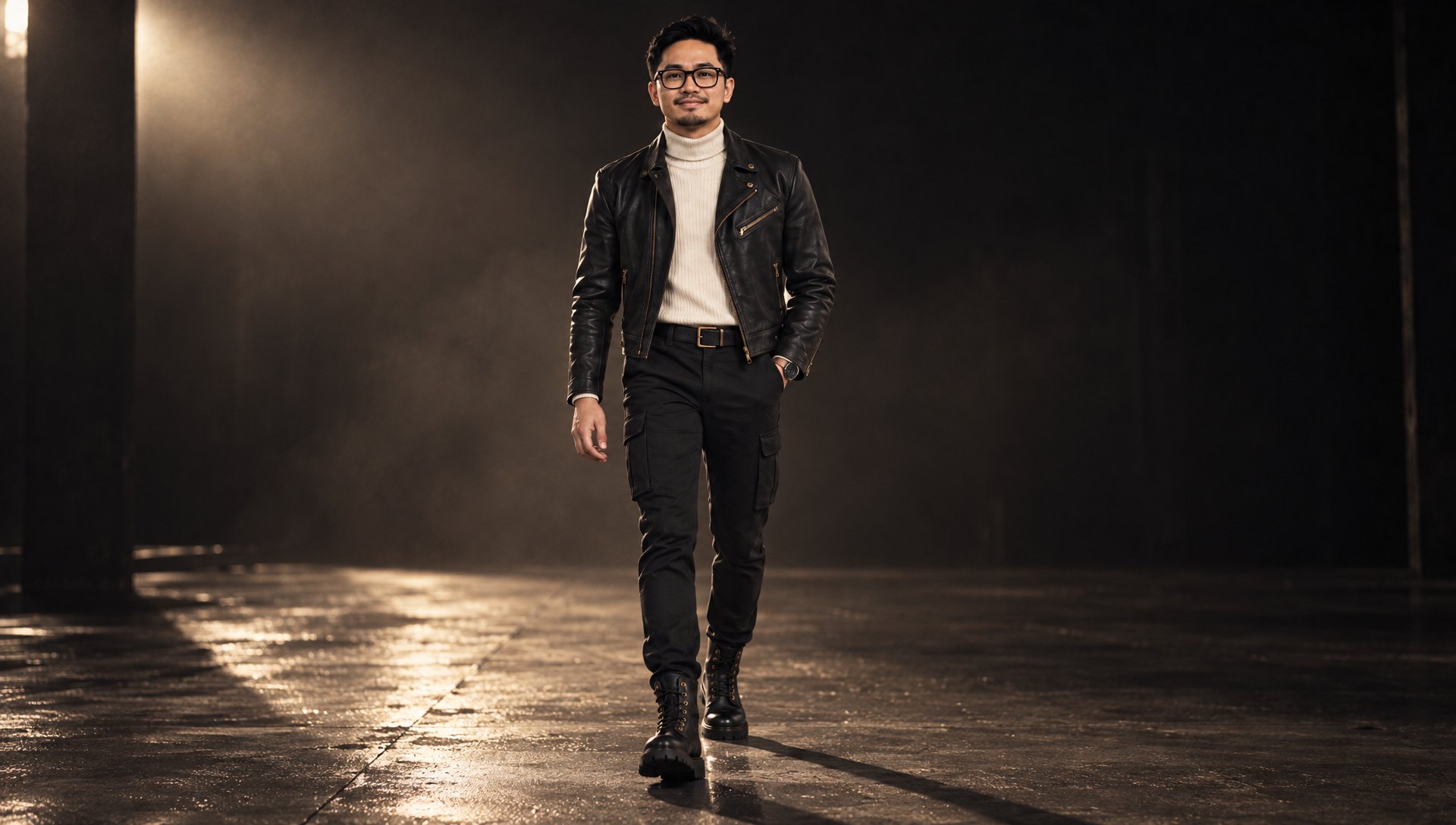 The model walking toward camera in the full outfit down a dark concrete runway