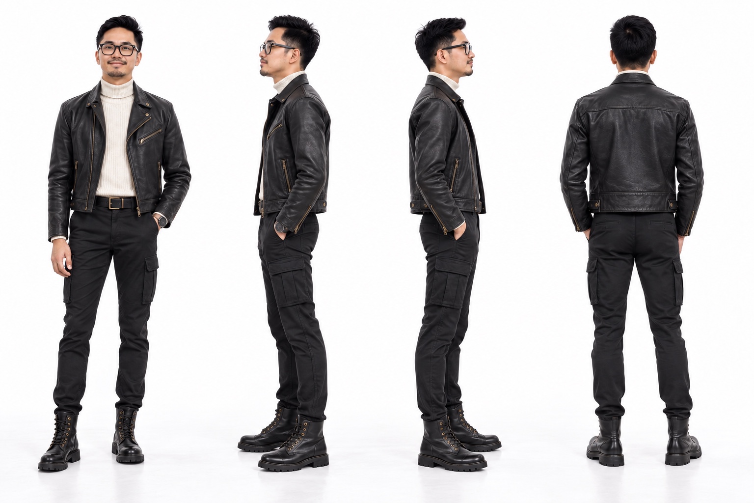 The model in a black leather jacket, cream roll-neck, black cargo trousers and combat boots, shown from the front, both sides and the back